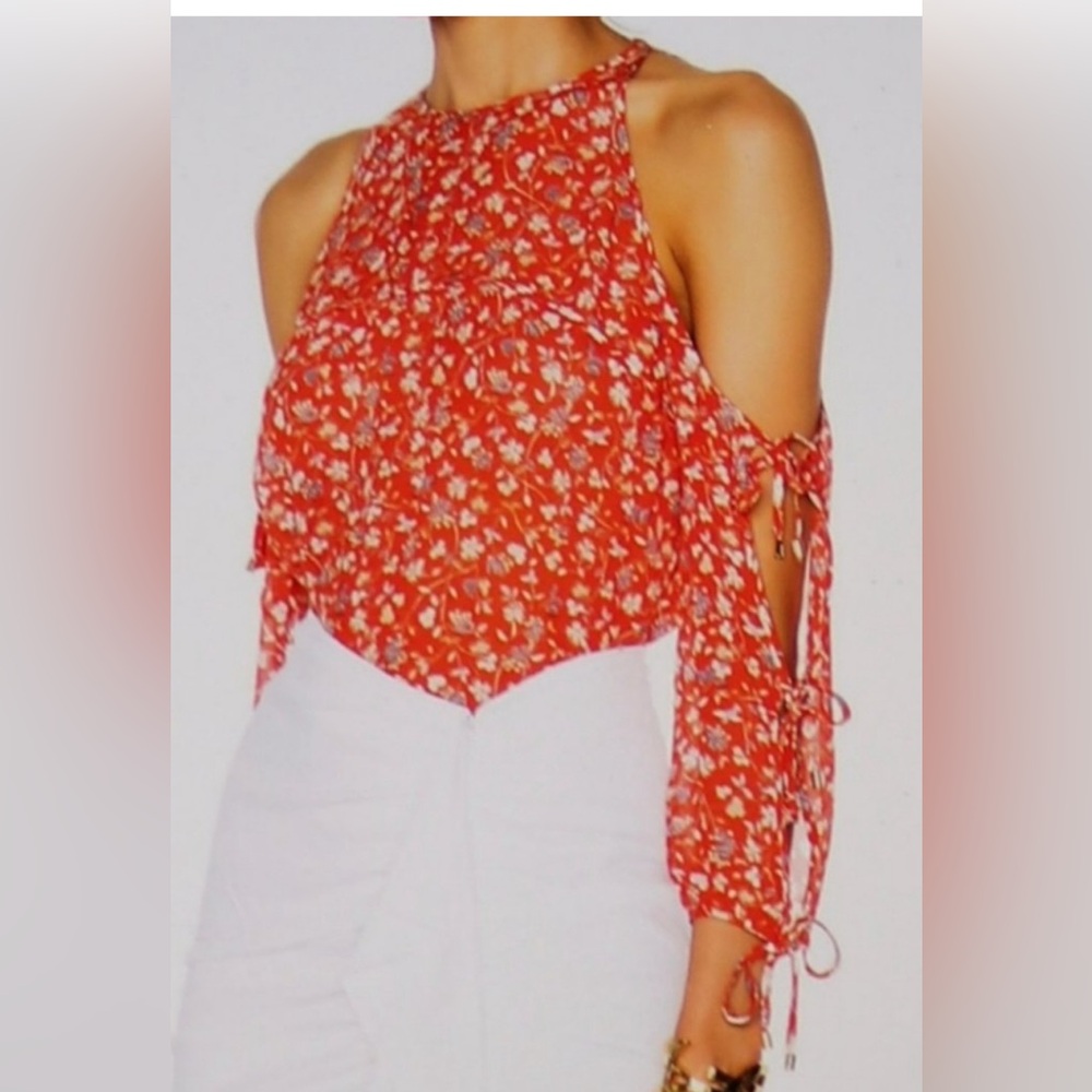 Veronica Beard Flynn Bow Cold Shoulder Blouse - Size 10 - Multi 100% SILK - Picture 3 of 5